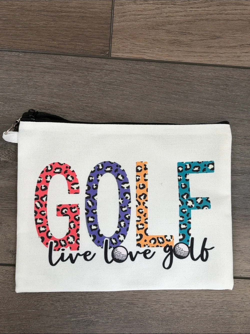 White Cosmetic Pouch with Multicolor Leopard 'GOLF' Print